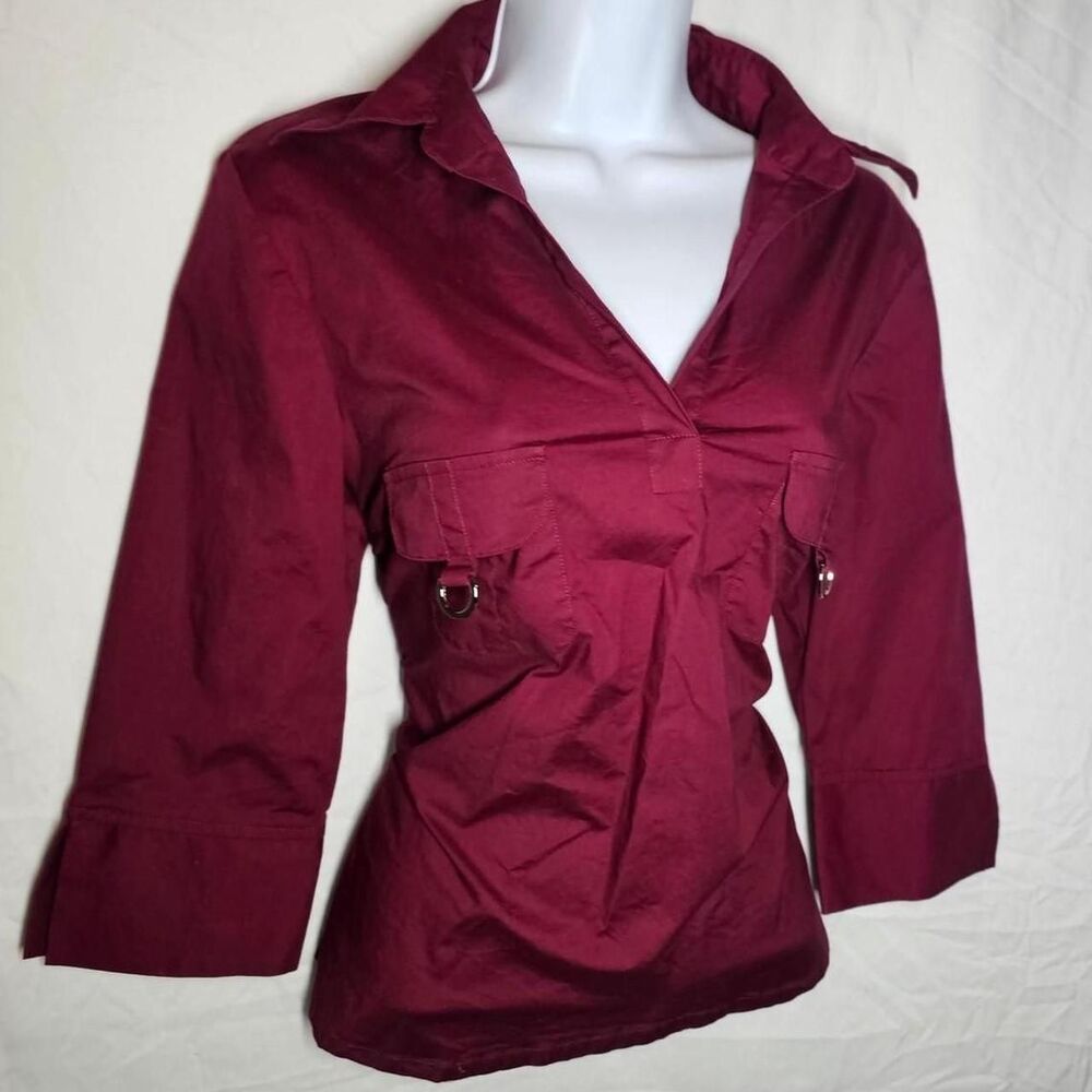 burgundy collared y2k vintage 3/4 sleeve office siren blouse